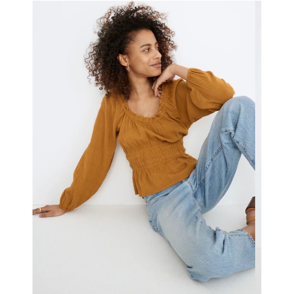 Madewell Sophia Womens Smocked Peplum Top Cotton Gauze Yellow Long Sleeve Med